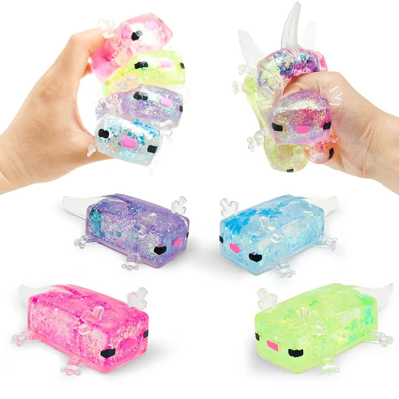 Colorful squishy toys resembling small creatures held by hands on a white background